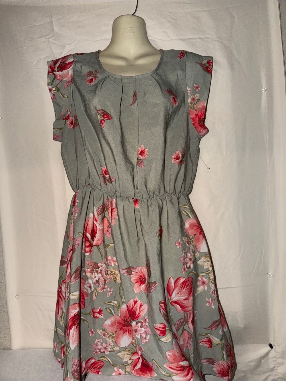 Sweet Rain Gray Midi Dress with Pink Floral Pattern